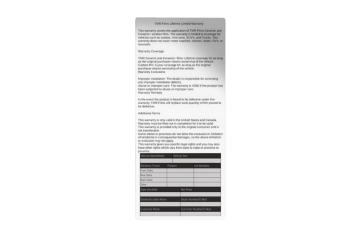 TMR Warranty Cards - Image 2
